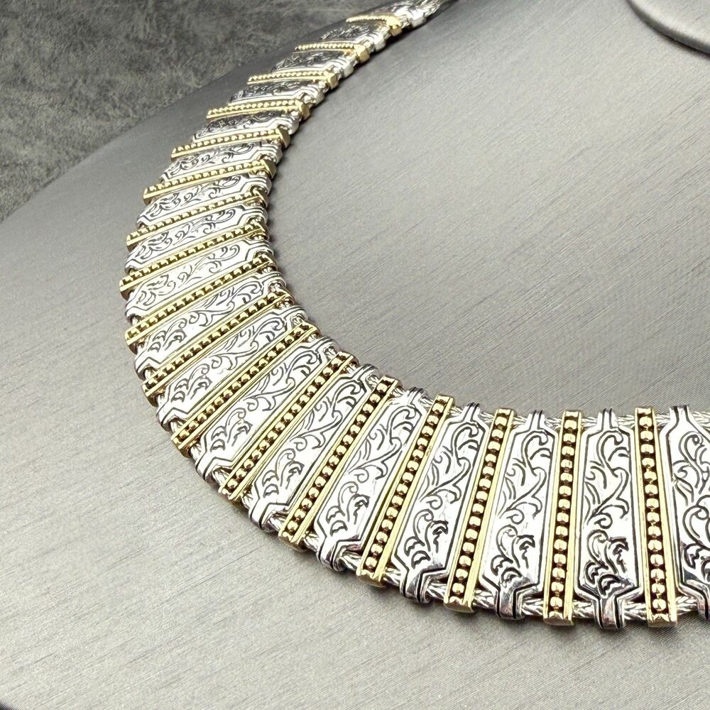 Vintage Monet Silver-Gold-Tone Etruscan Style Bib Collar Necklace Boho Tribal - Picture 2 of 14